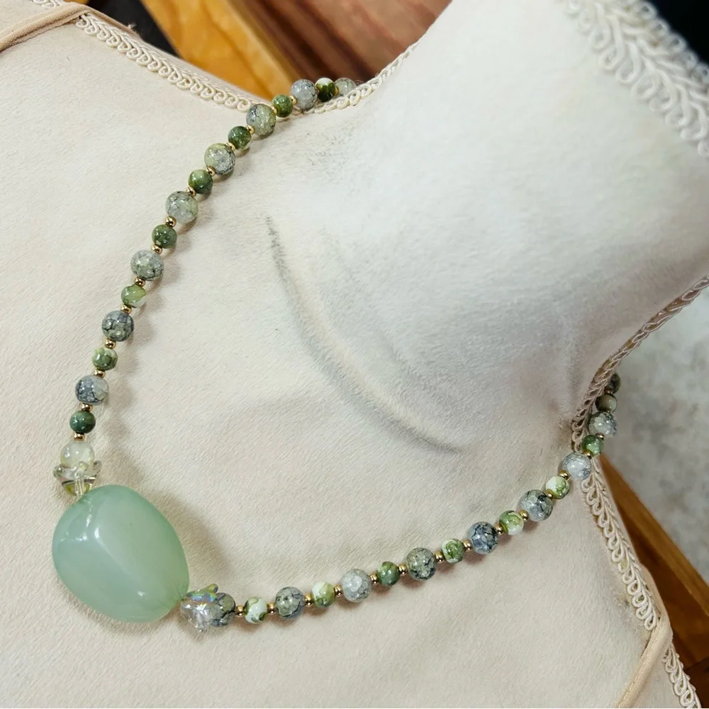 Handcrafted green tone art glass bead necklace